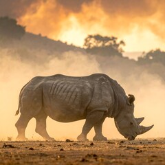 Fototapeta premium A large gray rhinoceros walks through a dusty savannah at sunset