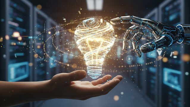 Human AI Synergy for Innovation. Hands Connecting with Glowing Digital Idea Vortex, Representing Partnership in Future Technology and Creative Solutions. - Powered by Adobe