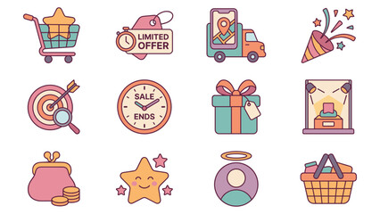 Dynamic promotion scene showcasing colorful flat icons of shopping, delivery, celebration and targets, arranged in a grid view on a bright white canvas for marketing materials