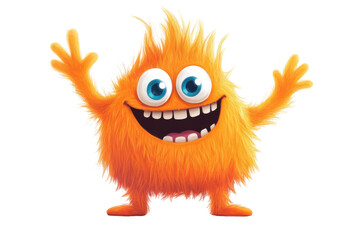 Fototapeta premium Cute orange furry monster with big eyes and wide smile isolated on transparent background. Cute and cheerful orange furry monster cartoon character isolated on white background.