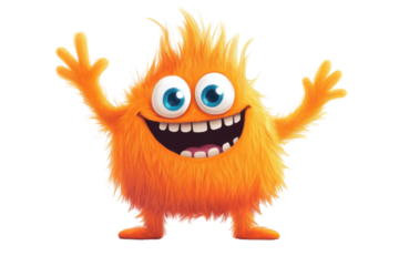 Cute orange furry monster with big eyes and wide smile isolated on transparent background. Cute and cheerful orange furry monster cartoon character isolated on white background.