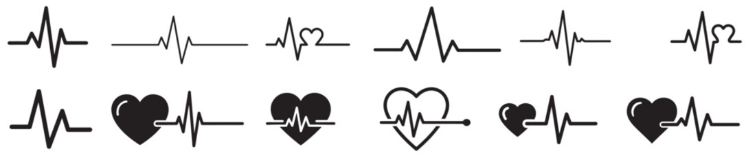 Black and white heartbeat line with heart icons