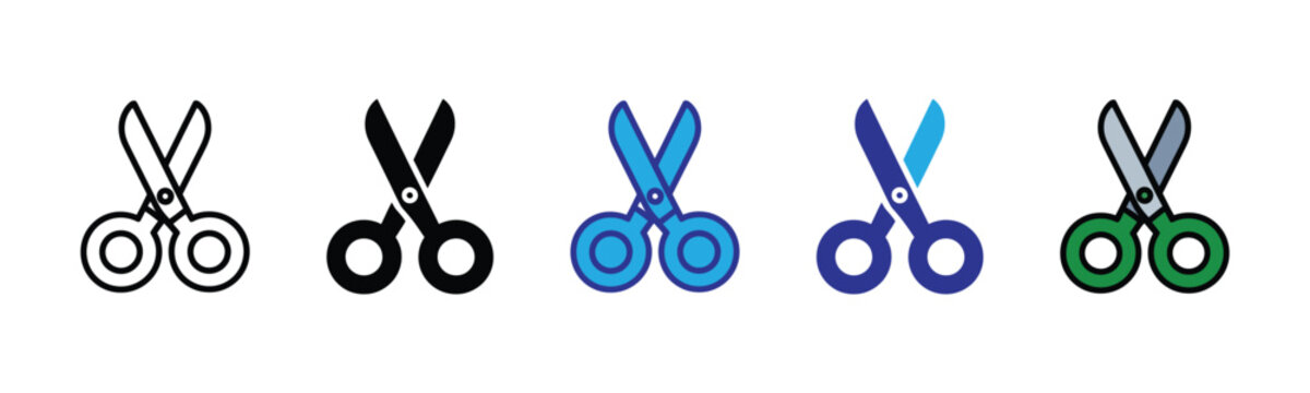 Vector illustration icon a set of colorful scissors icons in different colors and styles, including black, blue, green, and gray