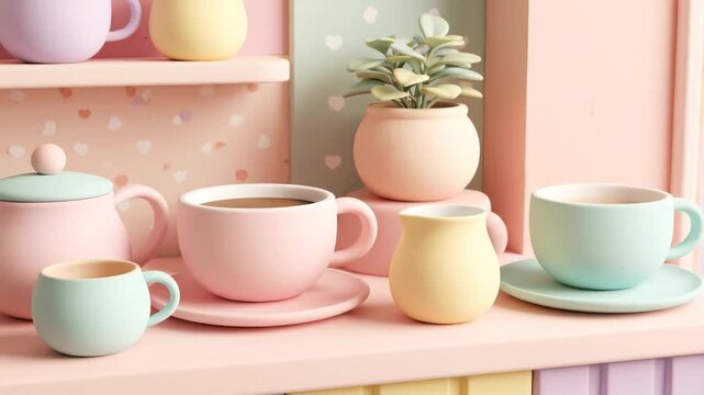 A charming display of pastel-colored ceramic tea and coffee cups, a teapot, and a small plant on a shelf.