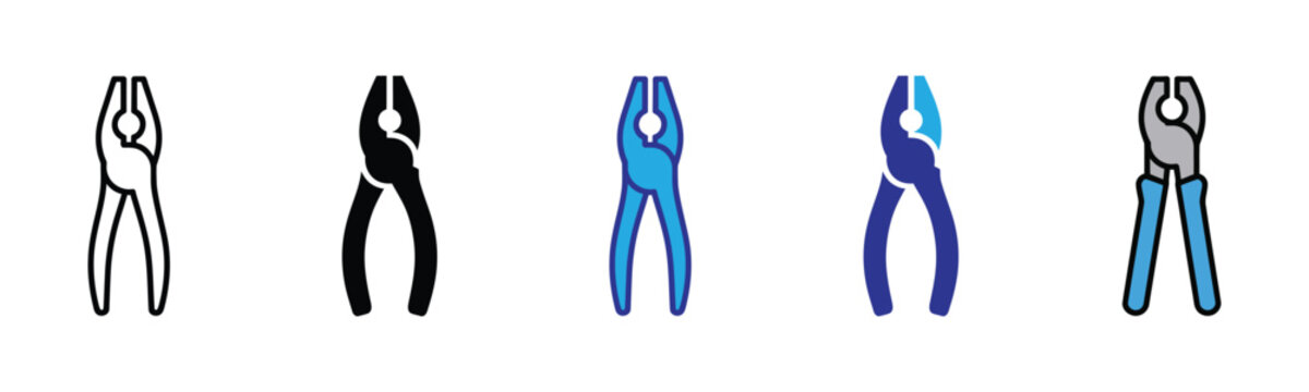 Vector illustration icon collection of five different colored pliers icons in various colors