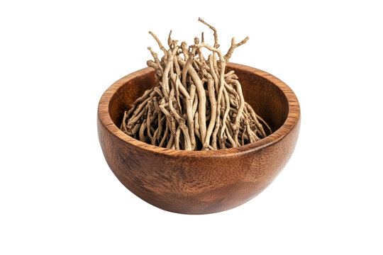 Dried medicinal herbs in a wooden bowl isolated on transparent background. Fresh krachai thai herb roots neatly placed in a wooden bowl isolated on white background.
