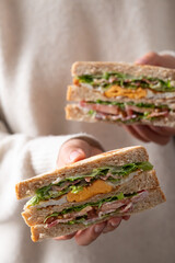 Whole wheat bread sandwich with bacon, lettuce, tomato and fried egg holding by woman hand