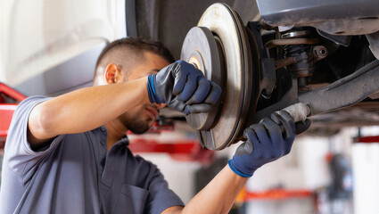 A mechanic in blue gloves is working on the brake system of a car in a well-equipped garage. Automotive repair and maintenance.