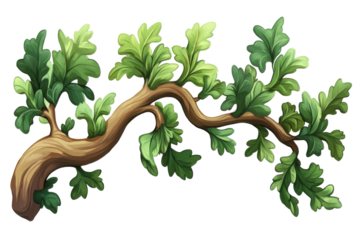 Curving oak tree branch with green leaves isolated on transparent background. Green oak branch with leaves isolated on white background.