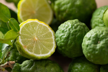 Kaffir lime fruit with leaf, Thai food ingredient