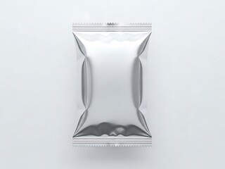 A silver metallic resealable pouch with a ziplock closure stands upright on a plain white background viewed from directly above