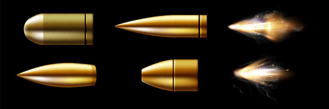 Gunshots, bullet in motion, military smoke trails. Realistic flying bullet in motion. Smoke traces isolated on transparent background. Handgun shoot trails.