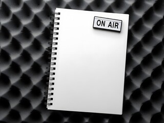 A spiral-bound notebook with 'ON AIR' sign lies on a soundproofing foam panel background viewed directly from above