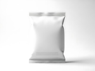 A white resealable food pouch mockup standing upright on a pristine white surface, viewed from the front, in a clean and minimalistic environment.