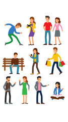  Collection of different cartoon people. Flat vector illustrations of man and woman stumbling, playing, standing. Everyday activity and lifestyle concept for banner, website design or landing web page