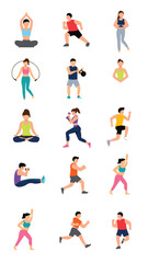 Set of exercising men and women, healthy activity. Sport training flat people. Vector illustration line bundle collection. 