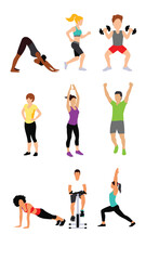 Set of exercising men and women, healthy activity. Sport training flat people. Vector illustration line bundle collection. 
