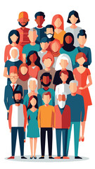  Multicultural Crowd of People. Group of different men and women. Young, adult and older peole. European, Asian, African and Arabian People. Empty faces. Vector illustration. 
