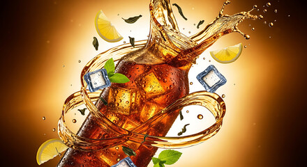 Refreshing iced tea with lemon and mint splash in a glass.