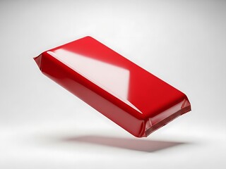 Red metallic brick hovering in mid-air with glossy finish and subtle shadow on plain surface from slight angle viewpoint