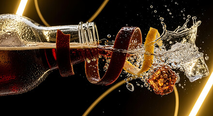 Aromatic cocktail explosion with citrus twist and ice splash.