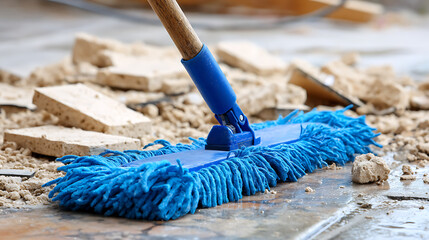Cleaning Process With a Blue Mop on a Construction Site After Renovations