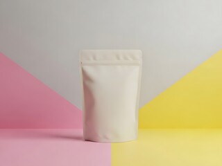 A white pouch stands upright on a surface divided into pink and yellow sections with a plain background