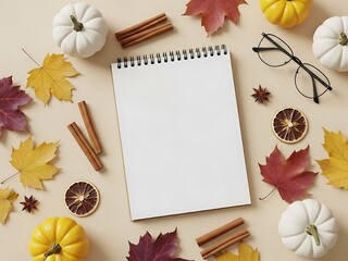 A blank notebook surrounded by autumn leaves, pumpkins, and glasses on a flat surface viewed from above