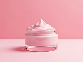 A jar of pink cream is placed on a pink surface with a pink background viewed from the front