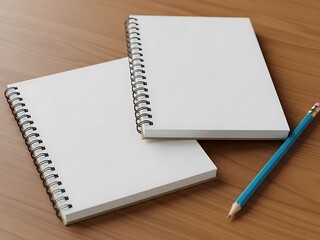 Two blank spiral notebooks and a pencil on a wooden desk viewed from above