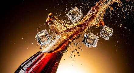 Refreshing cola drink splashing out of a glass bottle with ice cubes.