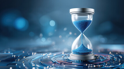 Futuristic blue hourglass counting time with digital ai energy flow and urgent mood