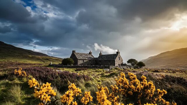 Scottish Landscape Stone Cottage in Highlands with Yellow Gorse Flowers
