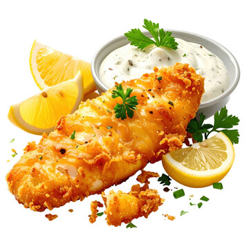 Beer-battered fish fillet with a generous serving of tangy tartar sauce, isolated on a stark white studio background.