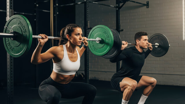 Two business professionals, a man and a woman with varied ethnicity, exercising with weights in a gym setting.