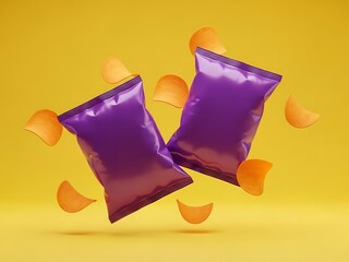 Two purple chip packets flying amidst potato chips on a vibrant yellow background
