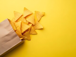Triangular crispy snacks pouring out of a brown paper bag on a vibrant yellow surface viewed from above