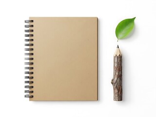 Aerial view of a blank notebook and a pencil with a leaf on top on a white surface
