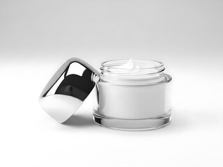 A close-up view of an open cosmetic jar with a reflective lid, containing a white cream product, showcased on a clean surface, highlighting skincare and beauty product packaging details.