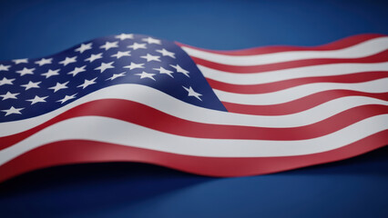 Obraz premium A waving American flag with red white and blue colors is shown close up outdoors