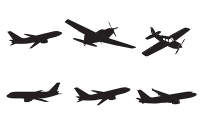 Six diverse black airplane silhouettes, including jets and propeller planes, isolated.