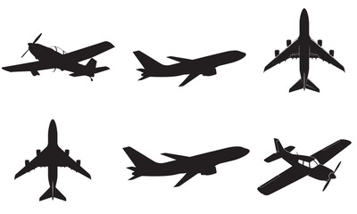Collection of diverse airplane silhouettes, including propeller and jet aircraft, viewed from top and side.