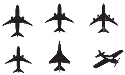Set of six airplane silhouettes: jet fighters, passenger jets, and propeller planes.