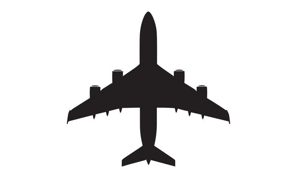 Overhead silhouette of a large four-engine jet airliner, isolated on a white background.