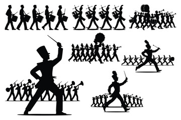 Obraz premium Black silhouette band members marching with instruments
