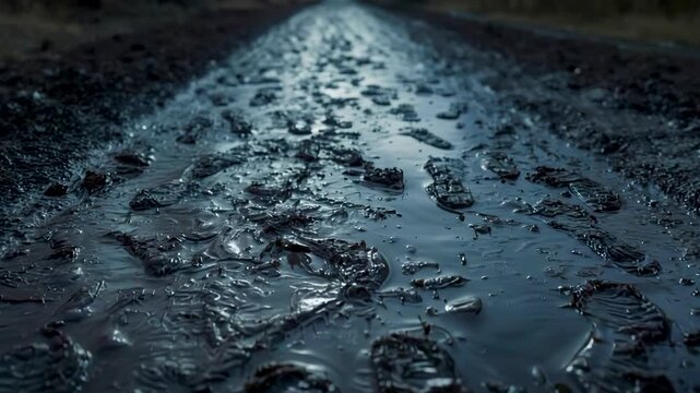Muddy dirt road with deep footprints and wet surface extending into dark background