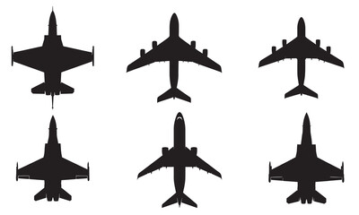 Six black silhouette aircraft including fighter jets and passenger planes