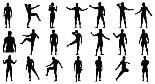 Diverse silhouettes of people in dynamic poses showcasing human movement and form