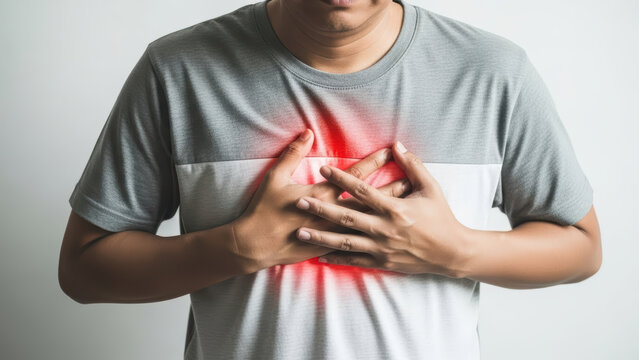 A man clutching his chest with both hands experiencing heart pain indoors