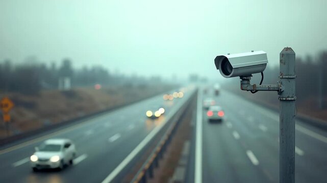 Roadside surveillance camera mounted above multi lane highway with moving cars in foggy weather